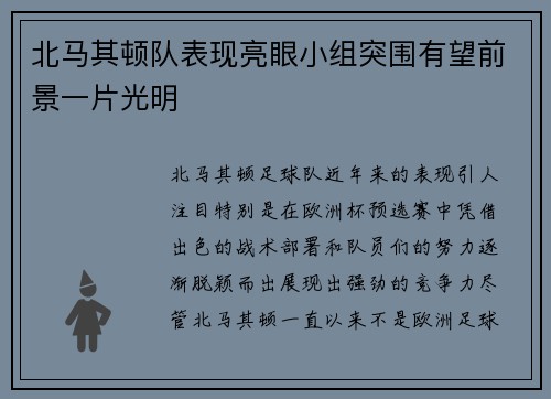 北马其顿队表现亮眼小组突围有望前景一片光明