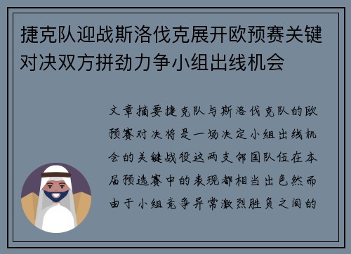 捷克队迎战斯洛伐克展开欧预赛关键对决双方拼劲力争小组出线机会