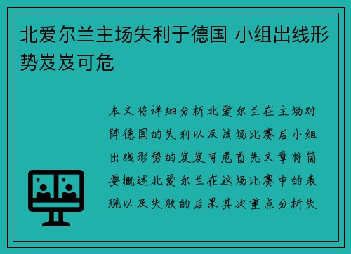 北爱尔兰主场失利于德国 小组出线形势岌岌可危