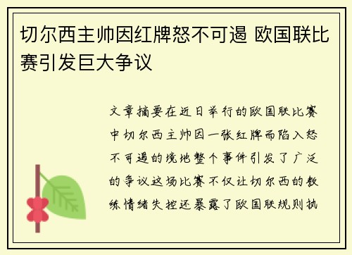 切尔西主帅因红牌怒不可遏 欧国联比赛引发巨大争议