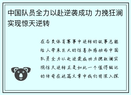 中国队员全力以赴逆袭成功 力挽狂澜实现惊天逆转