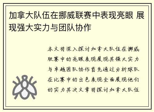 加拿大队伍在挪威联赛中表现亮眼 展现强大实力与团队协作